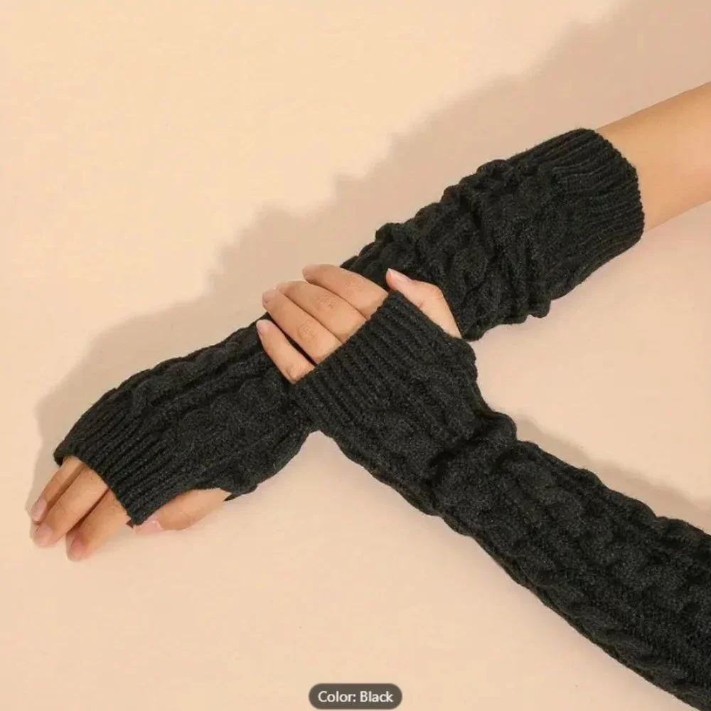 Ribbed Knitted Mid-length Gloves Warm Sleeves Solid Color Elastic Finger…